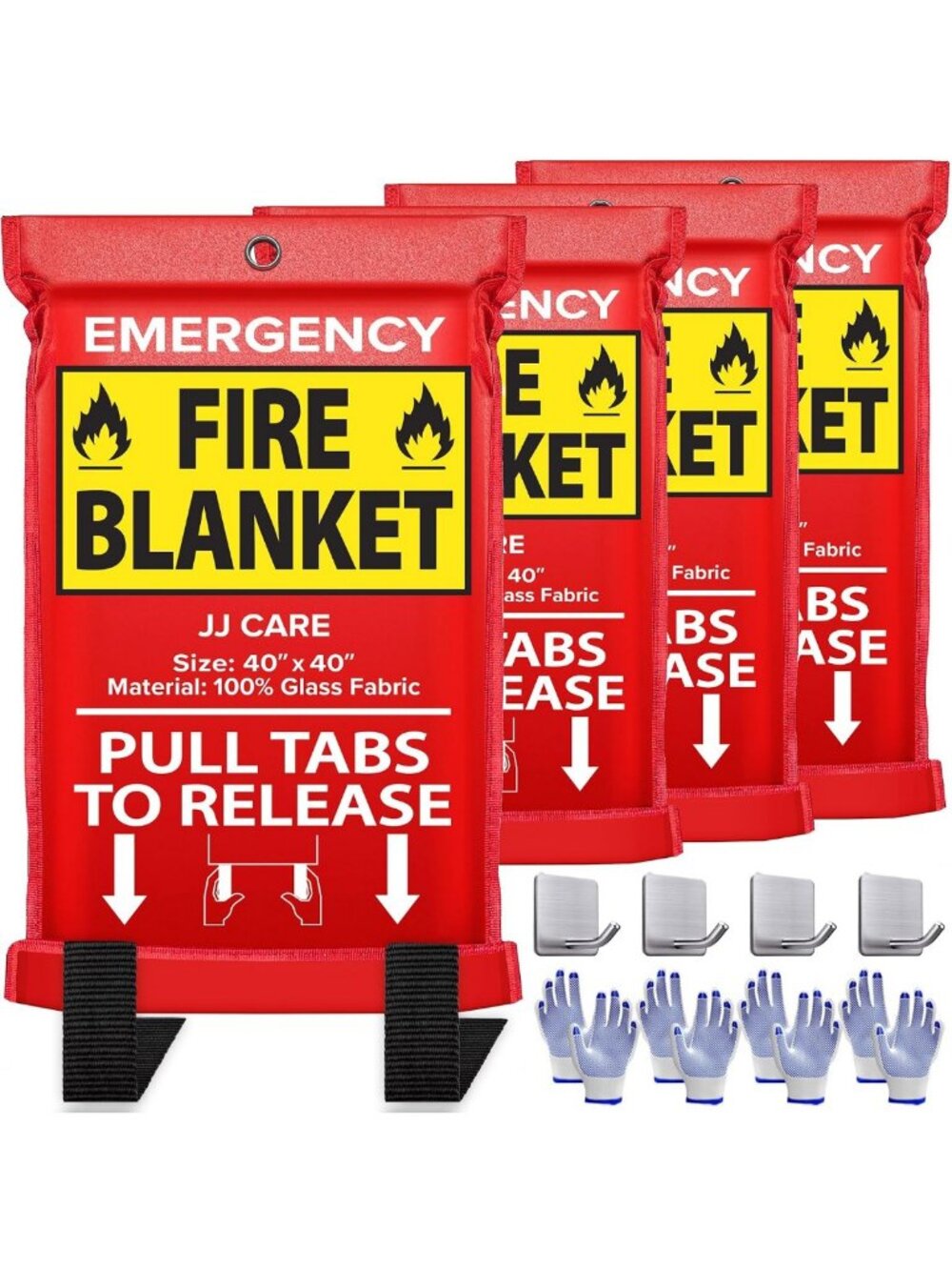 Emergency Fire Blanket 4 Pack with Hooks & Gloves - 40" Flame Retardant Safety
